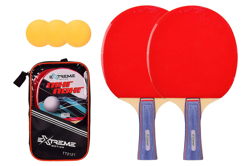 Теніс настільний TT2121 Extreme Motion, 2 ракетки, 3 м'ячика в чохлі, чохол – 17*3.5*28 см, р-р ракетки – 15*25.5 см 