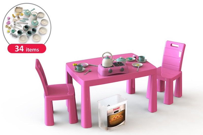 Набір Кухня дитяча 34 предмети, стіл і два стільці рожевий з рожевим 04670/3 DOLONI