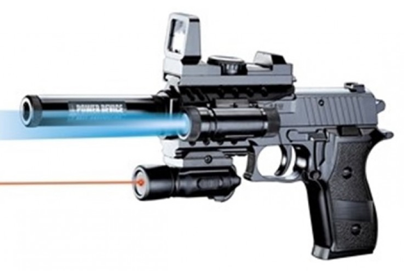 Пістолет на пульках, з лазером, ліхтариком і глушником, в коробці K2119-A