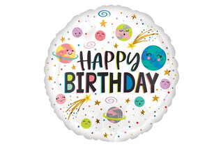 Фольгована кулька круг 01449 "Happy Birthday космос" біла 18"(45см) 1шт.