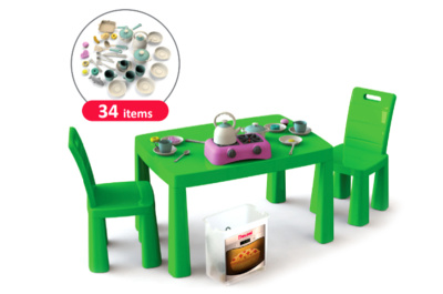 Набір Кухня дитяча 34 предмети, стіл і два стільці зелений з рожевим 04670/1 DOLONI (ЗВ)
